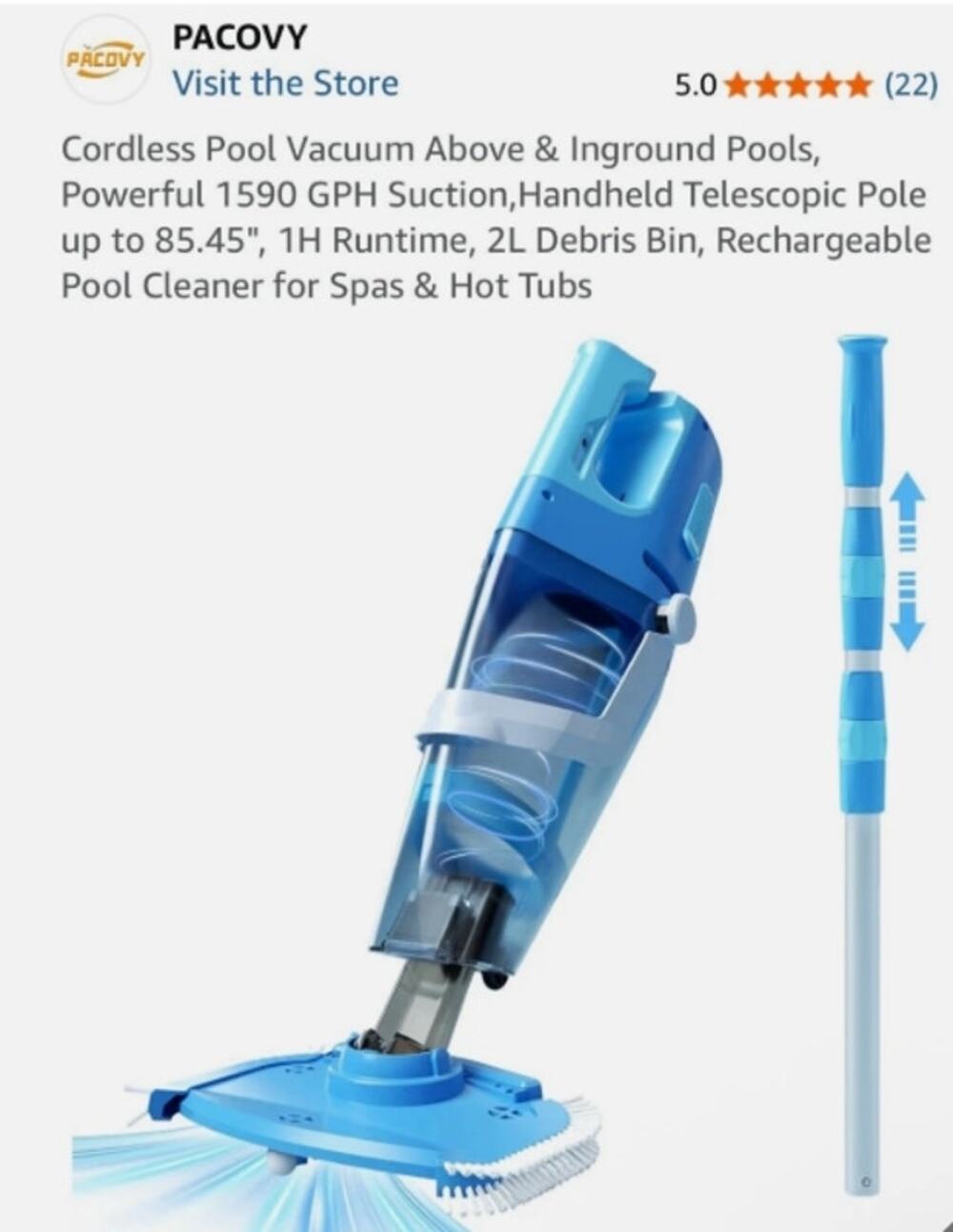 PACOVY PJV24AE Cordless Handheld Pool Vacuum Rechargeable Telescopic Pole